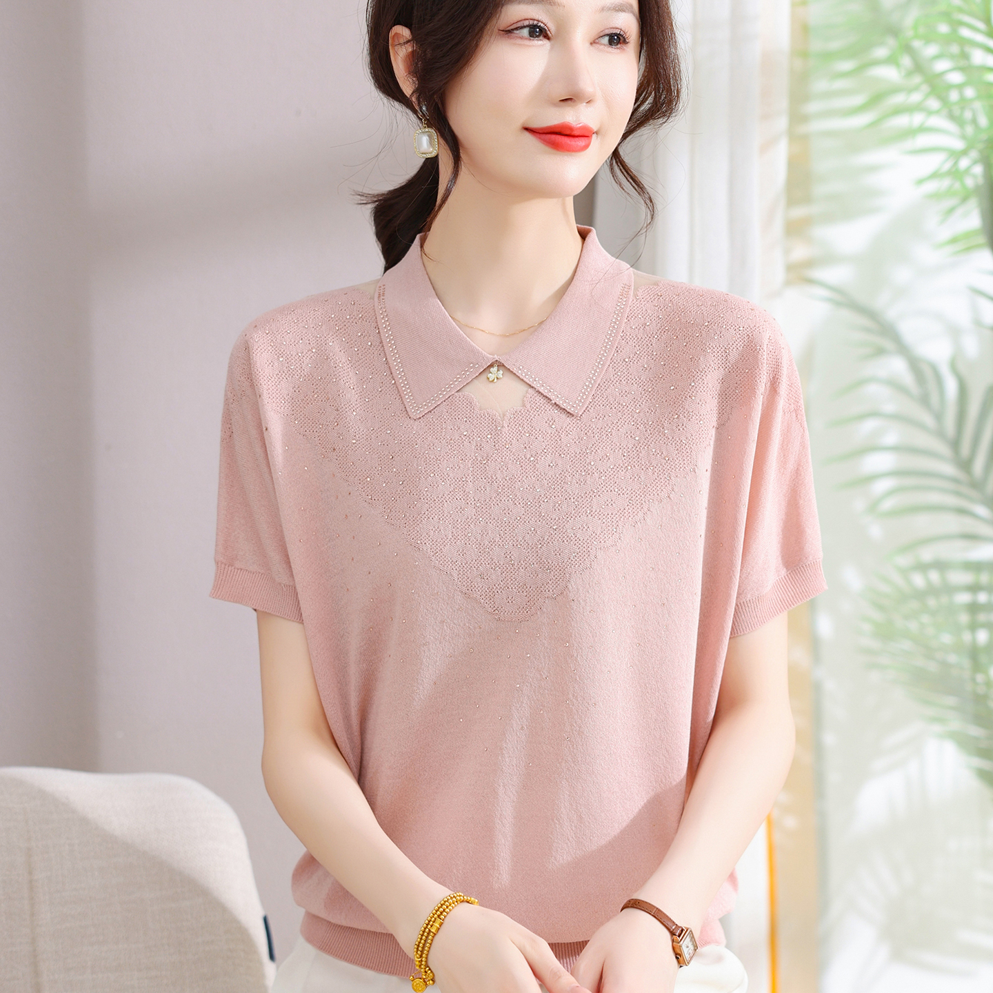妈妈夏装洋气翻领针织宽松上衣50岁中老年妇女夏季短袖冰丝T恤衫