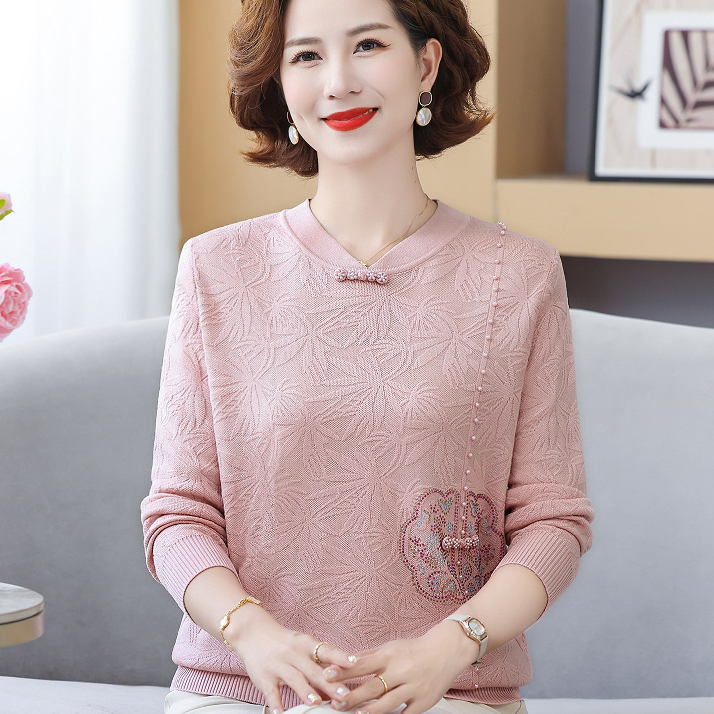 妈妈秋季新款洋气质毛衣新中式针织衫中老年上衣女秋装宽松打底衫,女装/女士精品,中老年女装,淘宝优惠券,粉丝福利购,淘宝优惠卷