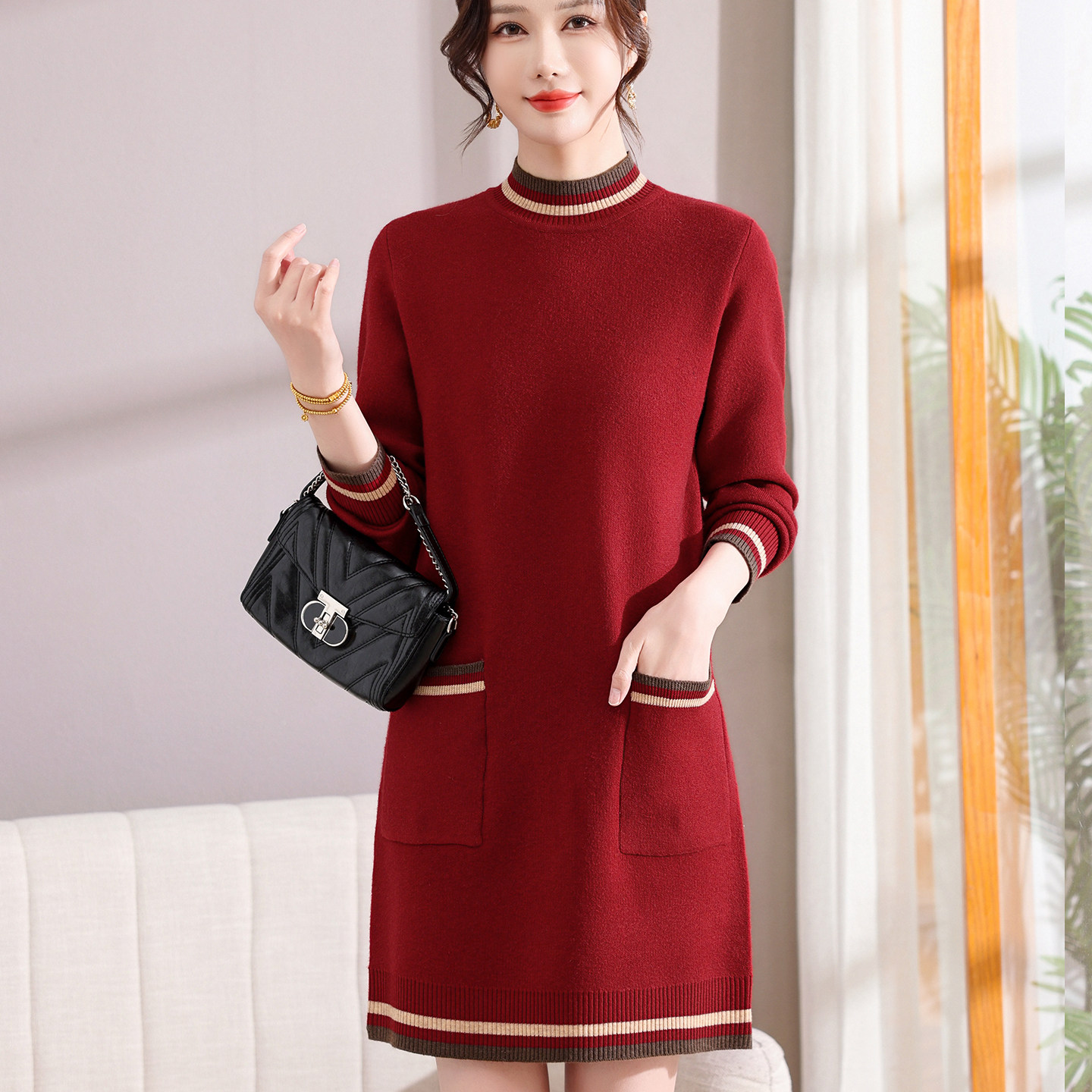 本命年红色过年衣服妈妈秋冬装针织连衣裙中老年女装毛衣打底裙子