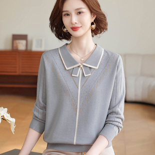 妈妈装春秋季两件套翻领宽松上衣中老年女装针织毛衣冬装洋气套装