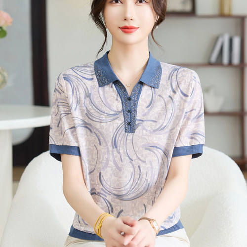妈妈洋气冰丝短袖T恤中年女夏装