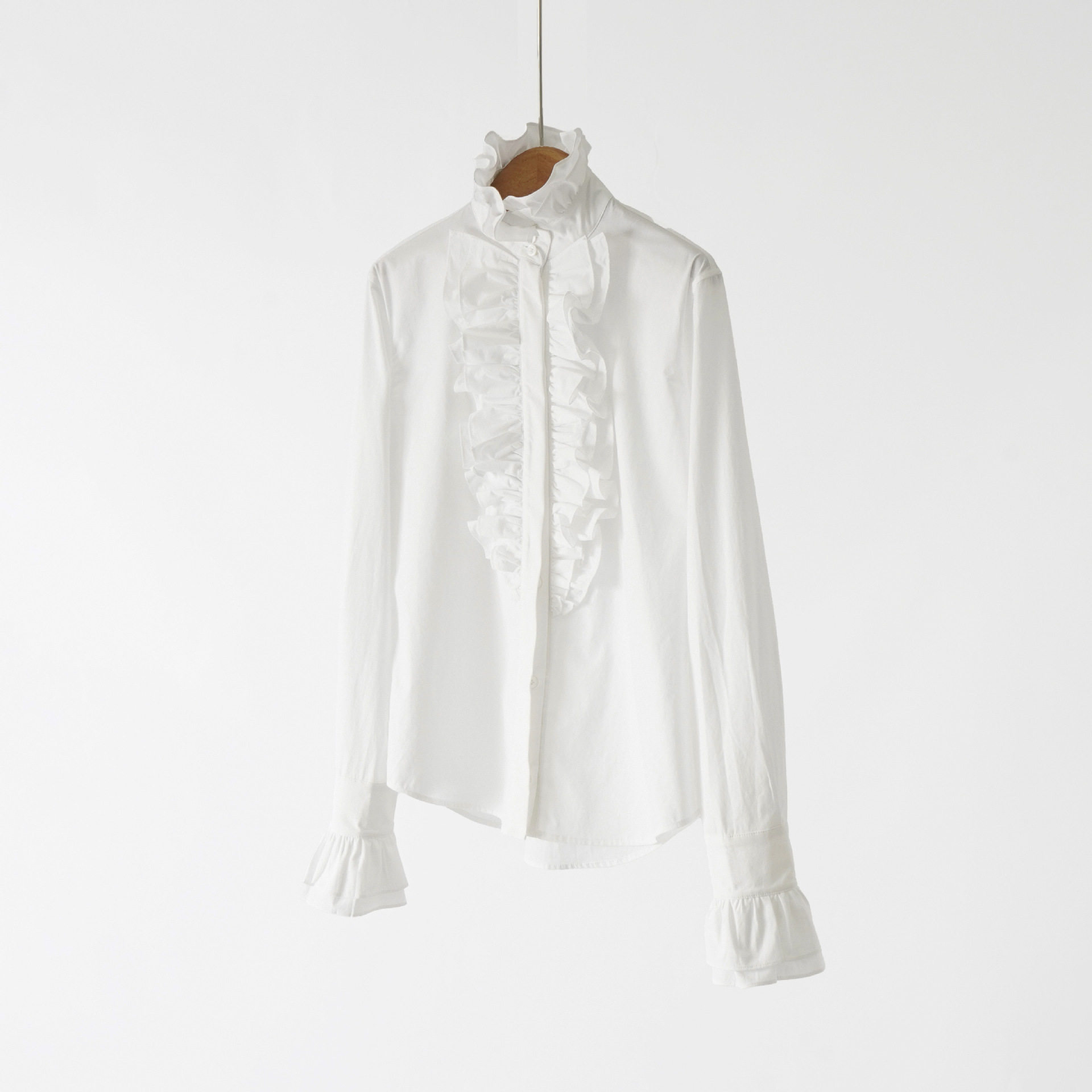 【许我耀眼】白衬衫女款小马家25冬季新品100%府绸棉荷叶高领上衣