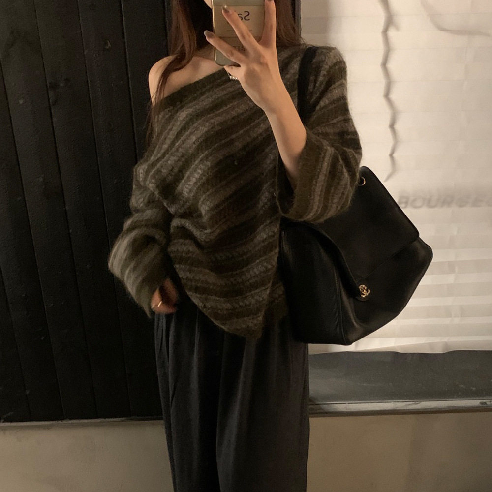 欧美时尚斜肩领马海毛毛衣女2026秋季新款女装镂空条纹羊毛针织衫