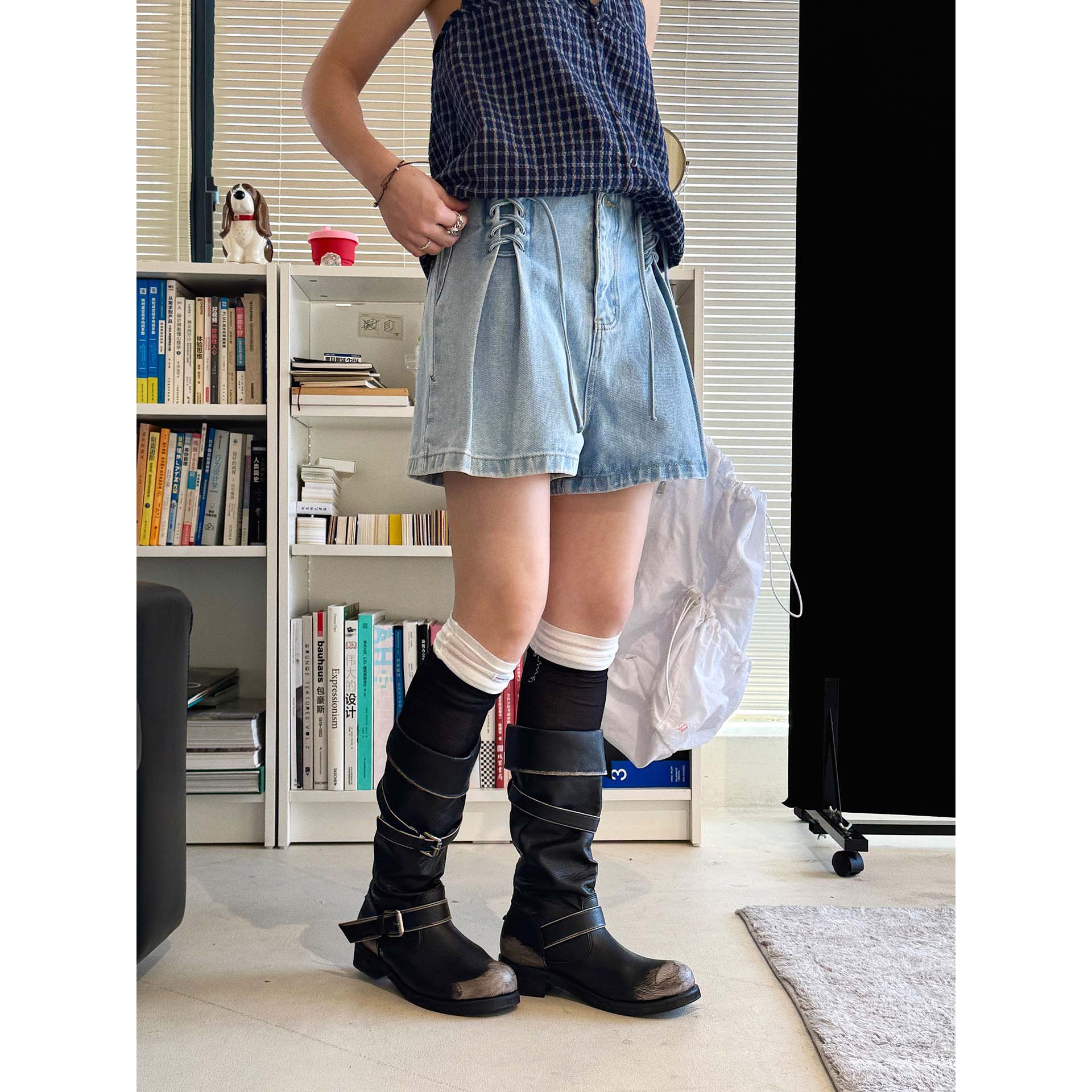 卢浮夏季新款美式复古甜酷风高腰两侧绑带A字牛仔裤显瘦短裤女