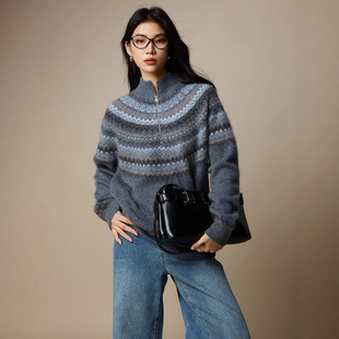 费尔岛毛衣针织衫 纯羊毛衫 25冬季 新款 拉链提花上衣 女装 拉绒系列