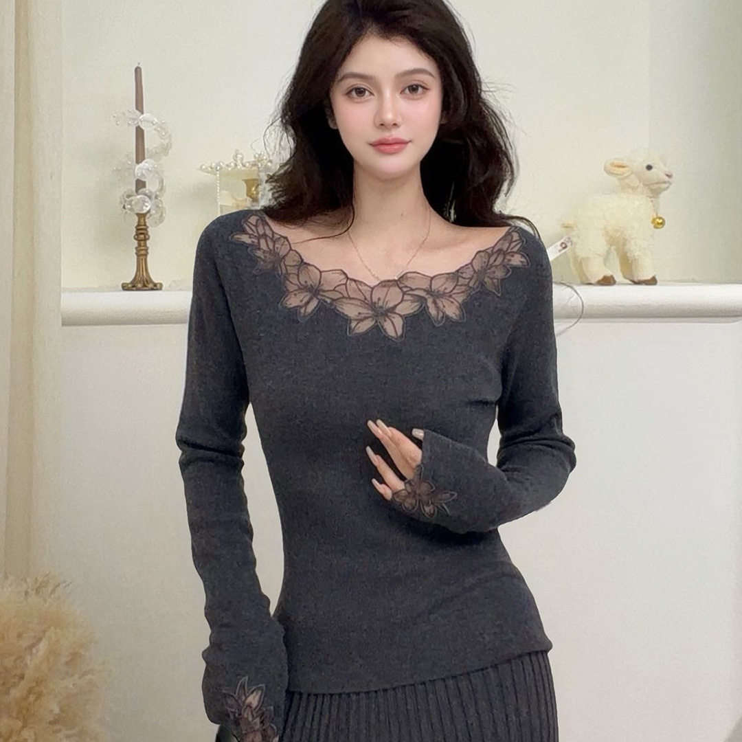 法式蕾丝花边羊毛针织衫上衣女26早秋新款女装修身内搭打底衫毛衣