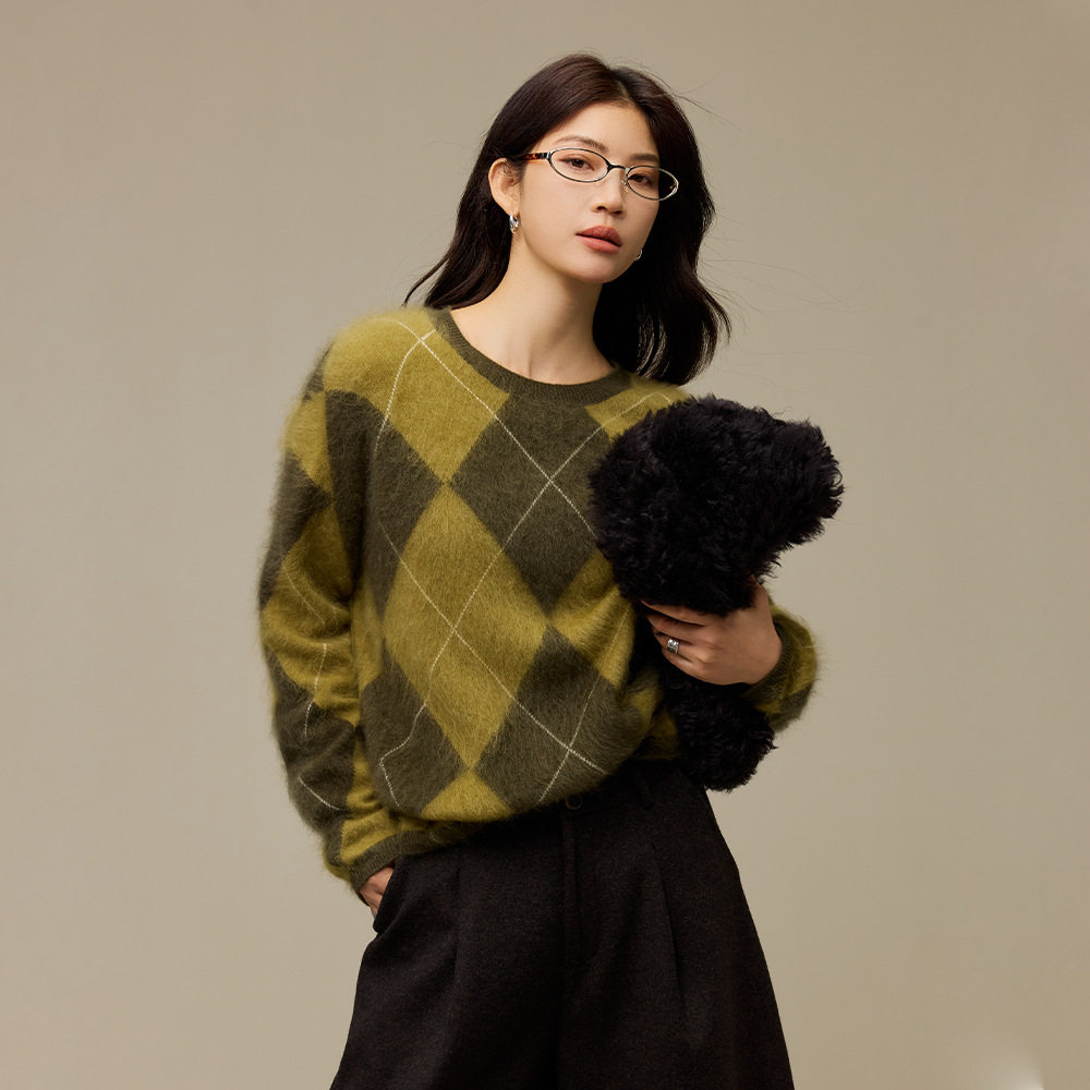 美拉德含羊绒拉毛毛衣女菱形格圆领针织衫早秋款女装宽松羊毛毛衣