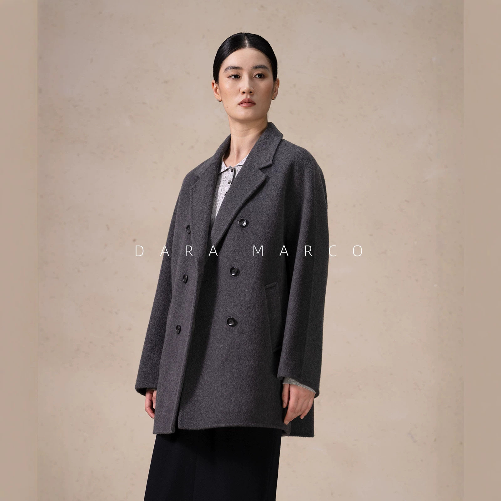 意式西装领双排扣双面羊毛大衣女H型宽松中短款通勤真丝羊绒外套