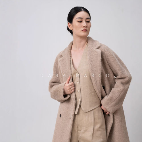 炸~m家1.6w+羊驼绒阿尔巴卡苏力正肩双排扣中长款大衣外套女冬