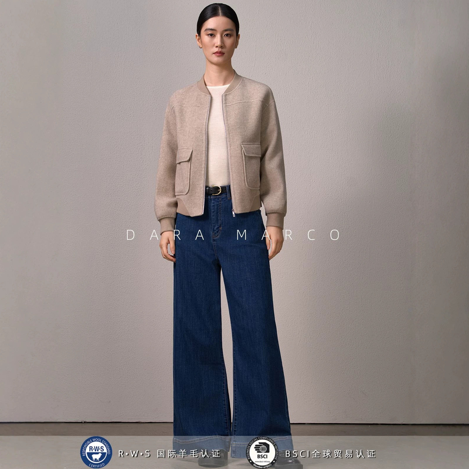 棒球服山羊绒大衣双面呢插肩袖罗纹领垂顺软糯大口袋短外套女秋冬