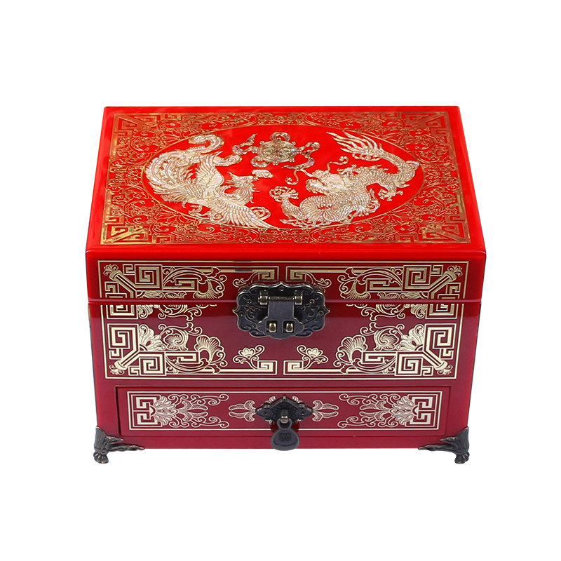 紫艺堂贾兴林先生作品手工彩绘平遥推光漆器/龙凤呈祥镶贝/首饰盒