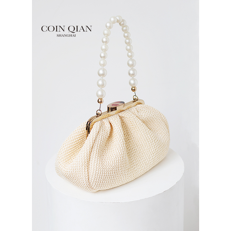 COIN QIAN 珍珠亚麻编织包饺子包女手提包休闲复古宴会包包