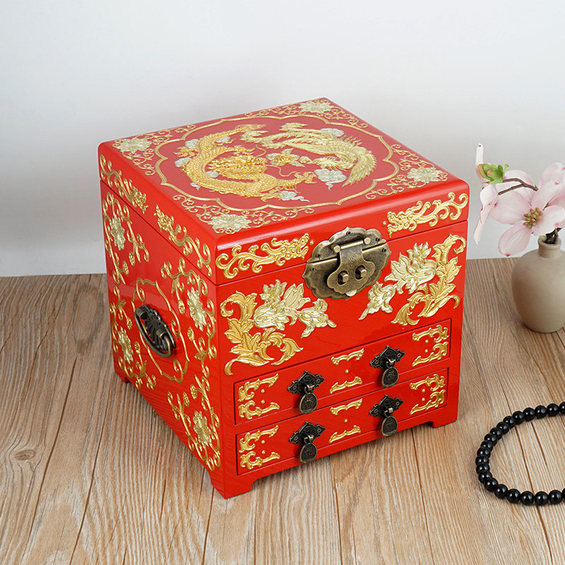 紫艺堂贾兴林先生作品手工彩绘平遥推光漆器龙凤呈祥首饰盒