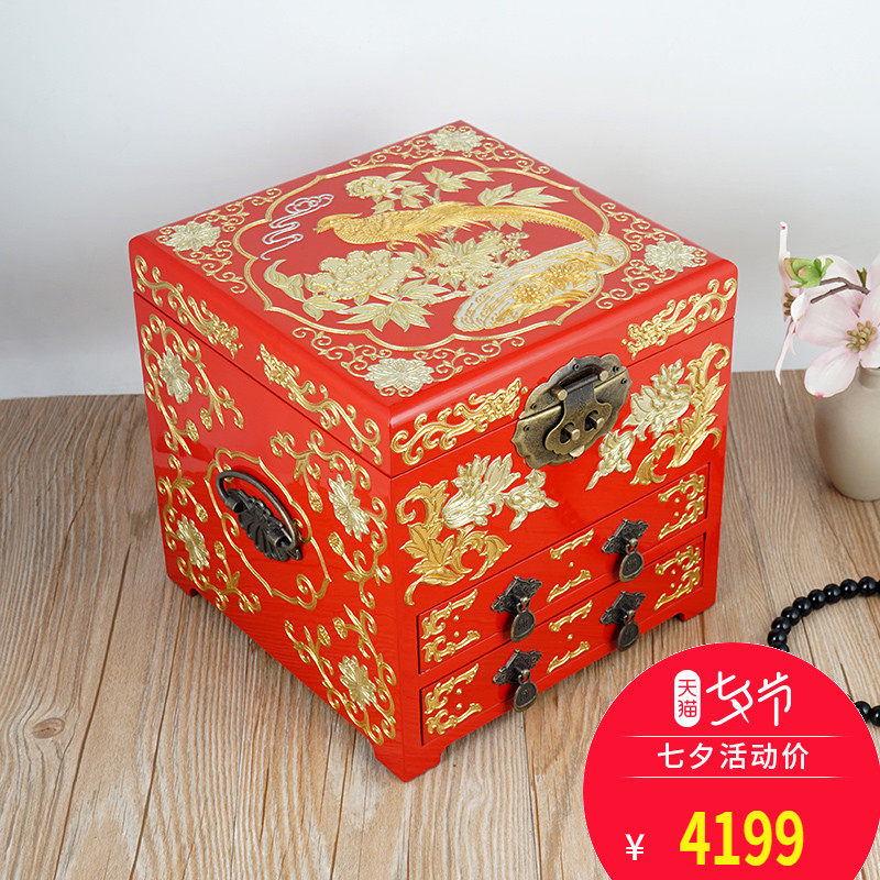 紫艺堂贾兴林先生作品手工彩绘平遥推光漆器锦上添花首饰盒