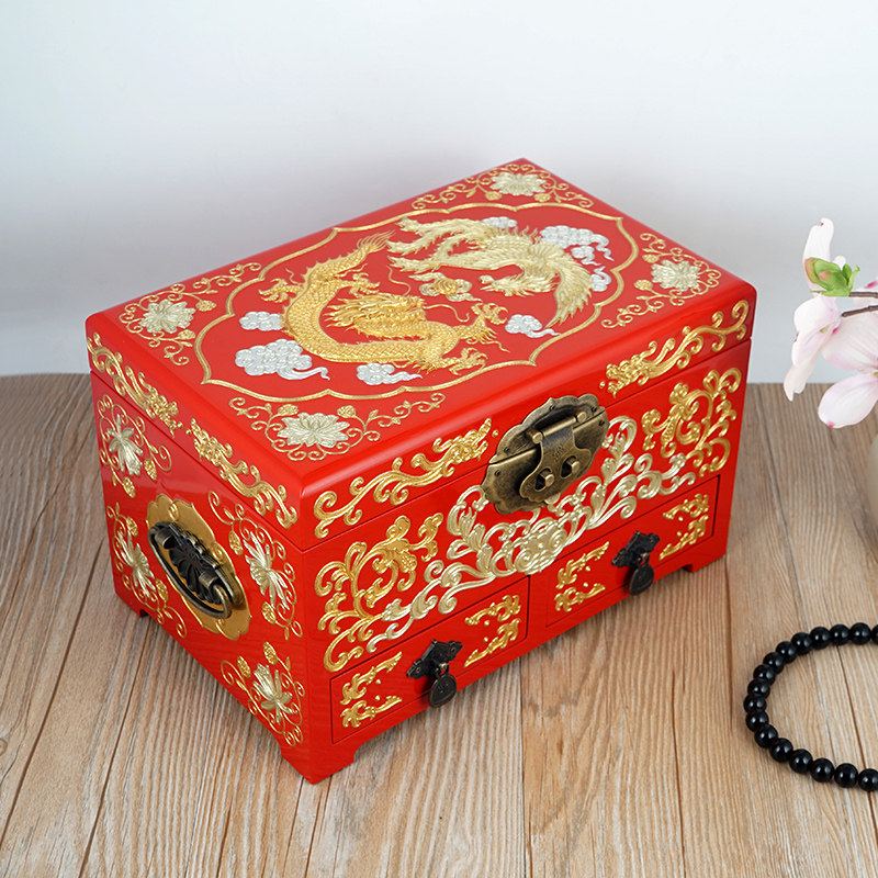 平遥推光漆器官方传承点紫艺堂贾兴手工彩绘林龙凤呈祥首饰盒