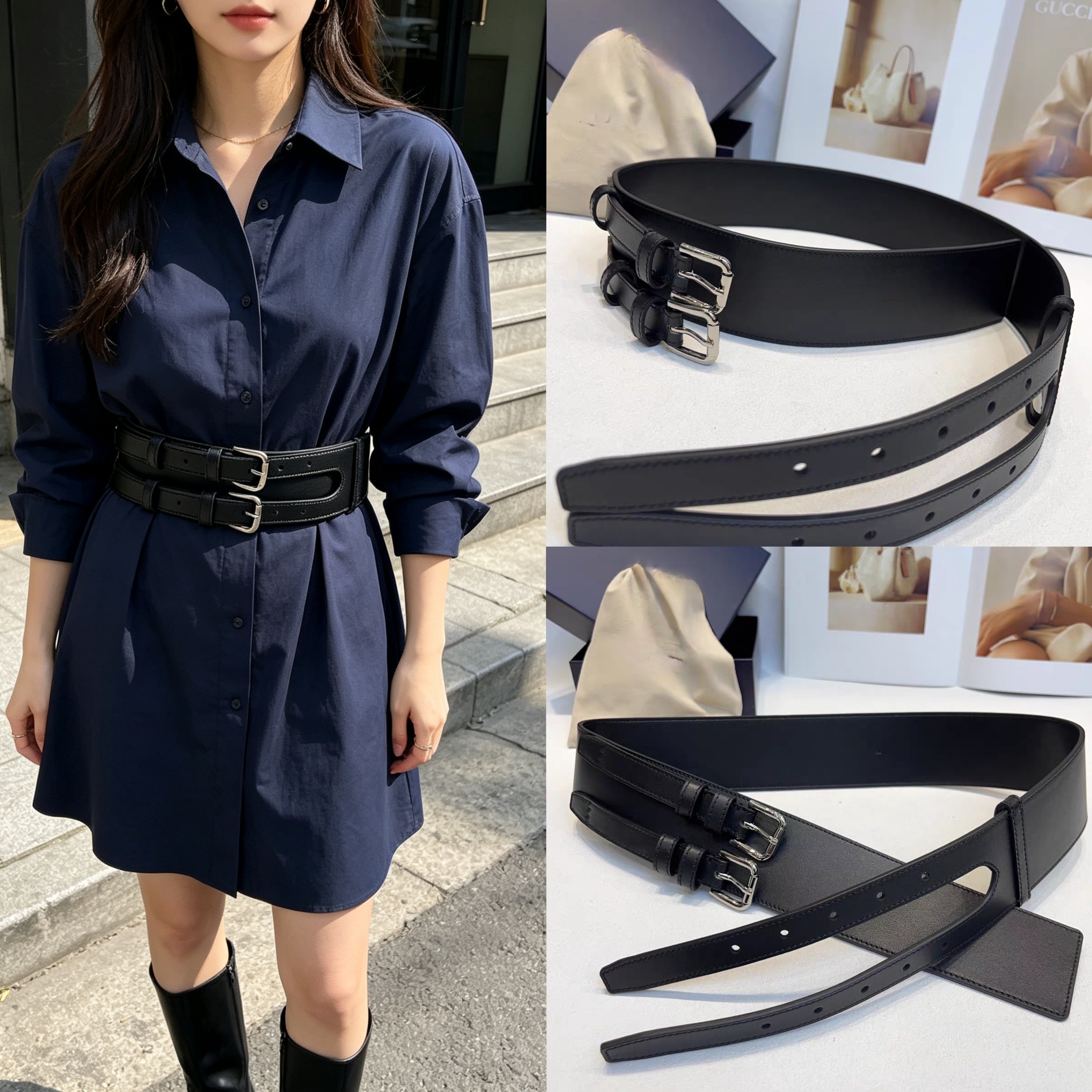 新款女士双针扣宽腰封腰带百搭连衣裙风衣收腰装饰时尚宽版皮带女