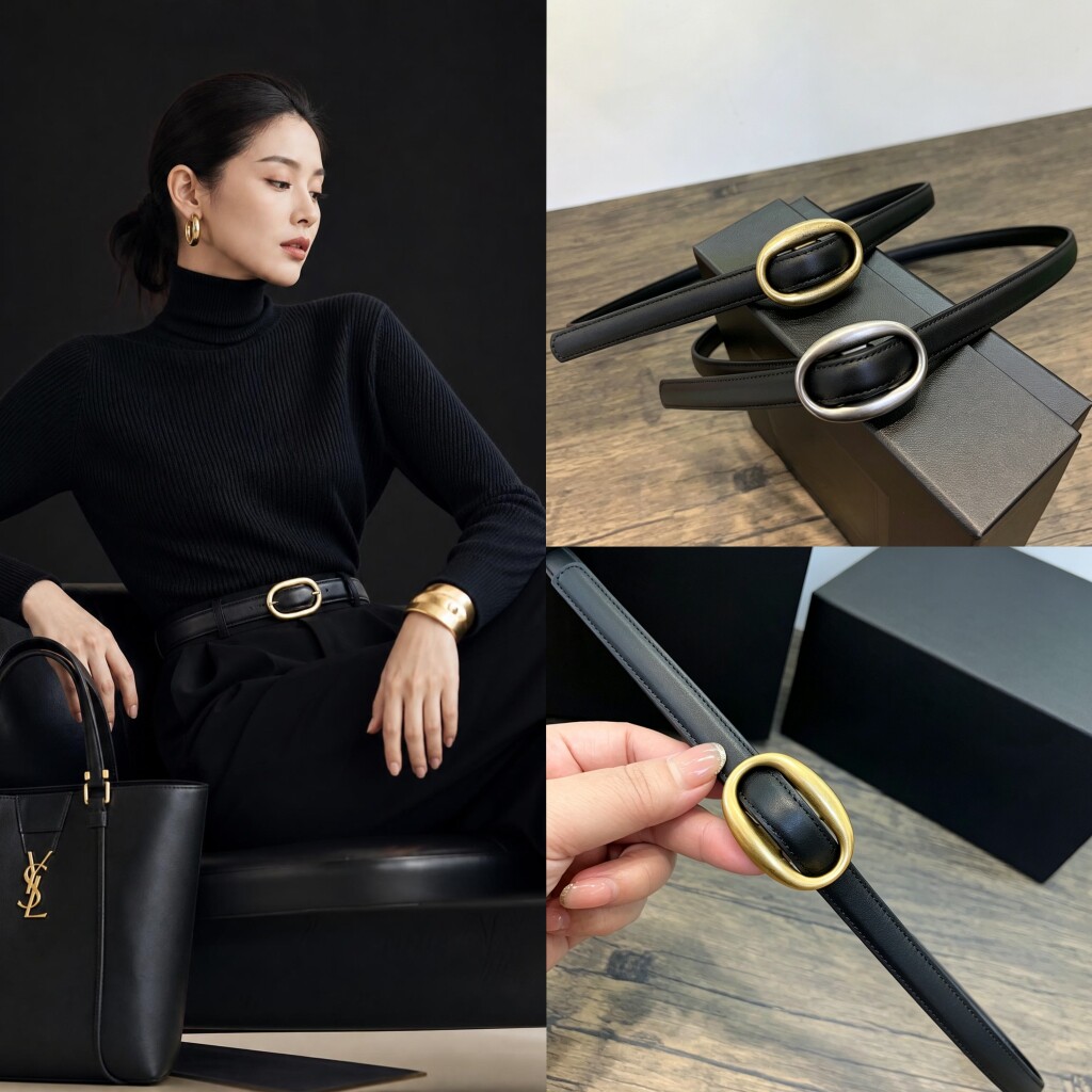 简约椭圆金属扣细皮带女百搭真皮腰带配连衣裙西装装饰细裤带