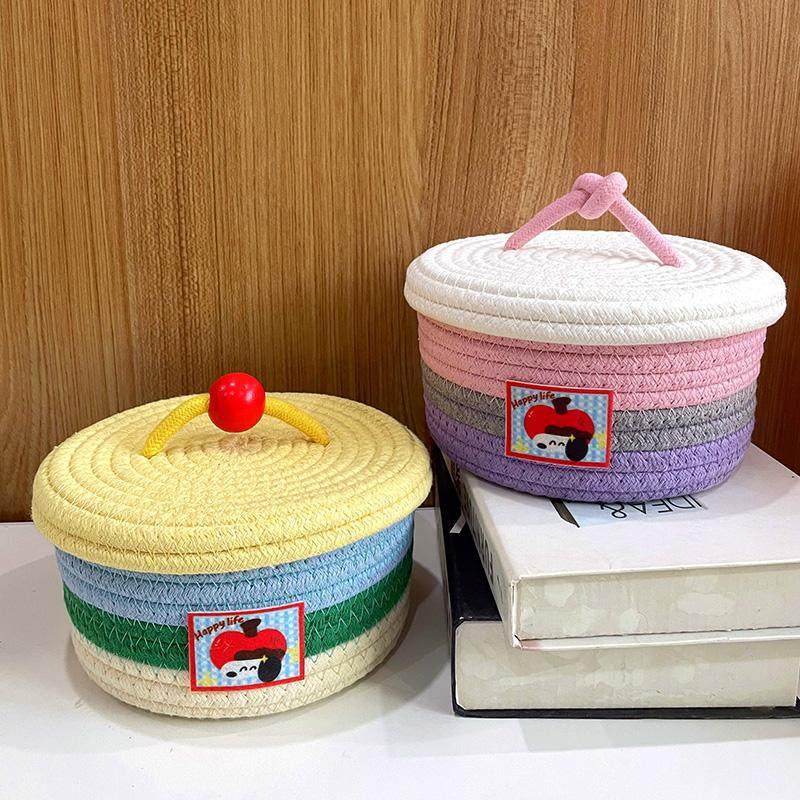 多巴胺防尘化妆品杂物可爱整理盒带盖桌面编织卡通杂货零食收纳篮,收纳整理,收纳筐,淘宝优惠券,粉丝福利购,淘宝优惠卷