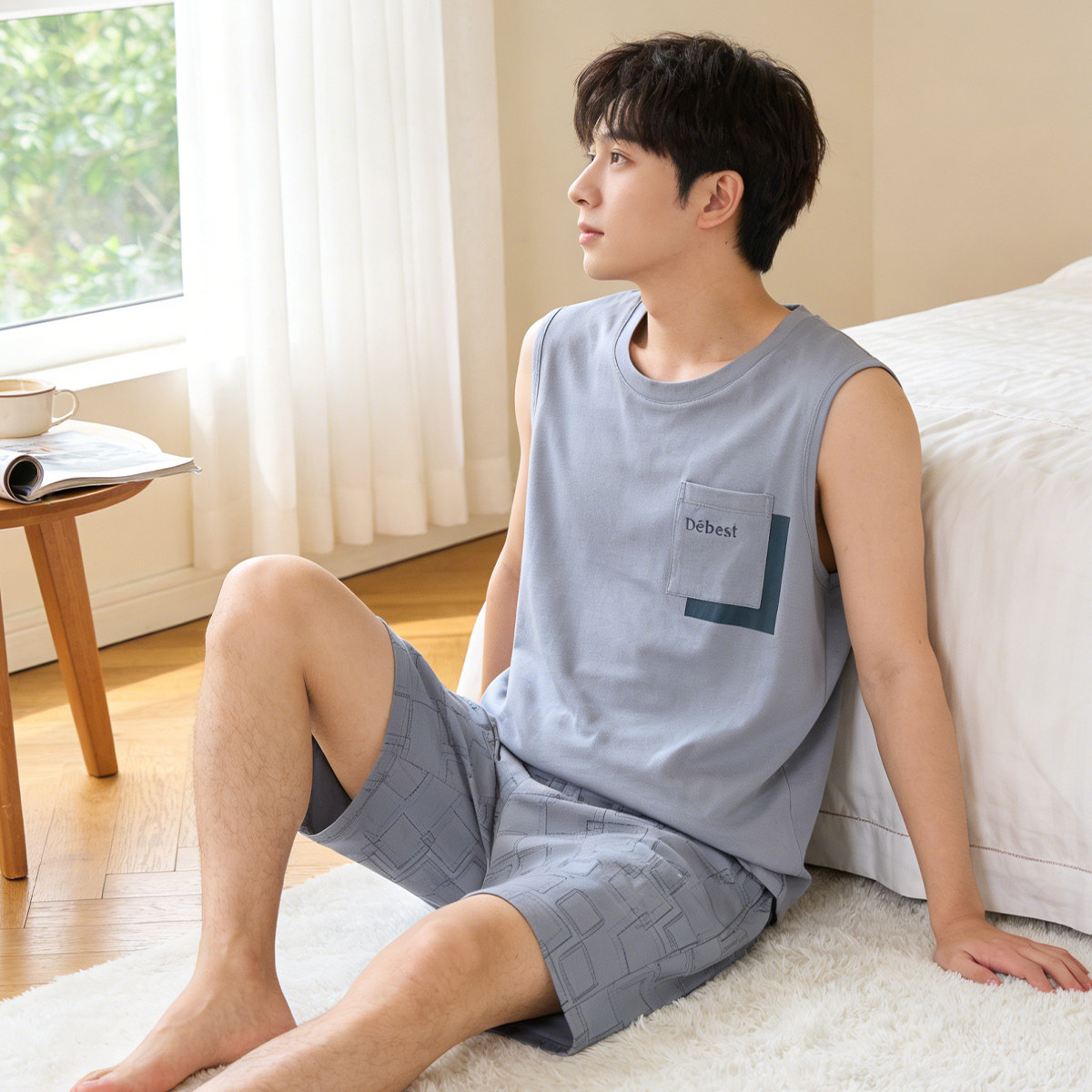 顶瓜瓜男士纯棉无袖背心短裤睡衣套装夏薄款休闲可外穿青年家居服