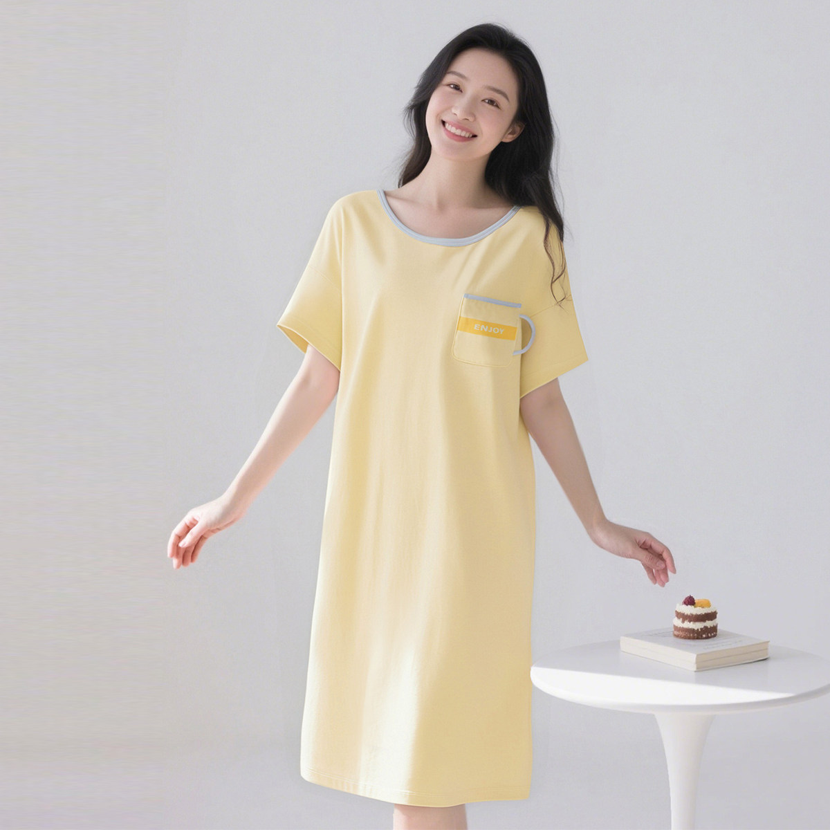 顶瓜瓜短袖纯棉睡裙女夏季薄款圆领宽松舒适可外穿家居裙子顶呱呱