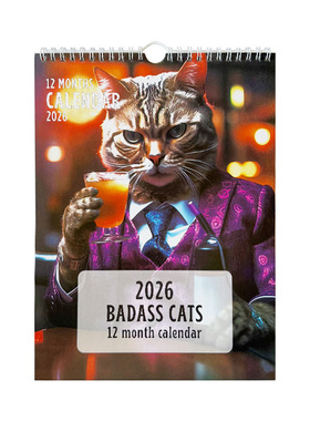 跨境日历Badass Cats 2026 Wall Calendar可爱酷猫2026年挂历现货