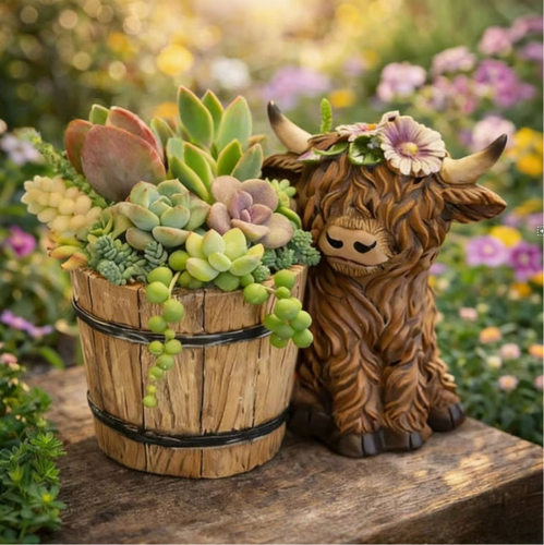 跨境新品Adorable Highland Cow Succulents带桶高地牛花盆装饰品