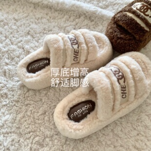温柔！精致！小香贵气感~INS吴听同款厚底增高一字毛毛拖鞋女外穿