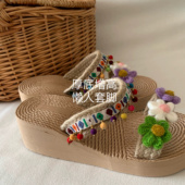 沙滩凉拖配裙子女夏外穿增高凉拖鞋 自留 INS手工泰国风小众松糕鞋