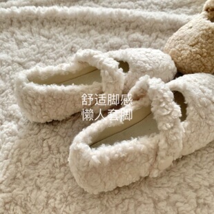 chao好看！白色毛绒绒毛毛鞋冬季新款chic温柔仙女玛丽珍豆豆棉鞋