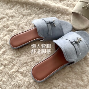 蒂芙尼蓝~INS复古老钱风老婆拖流苏锁扣平底一字拖鞋女夏外穿凉拖