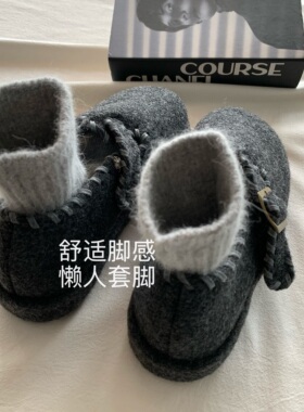 灰色YYDS！INS厚底毛毡面百搭勃肯鞋女包头懒人加暖绒呢子棉鞋冬