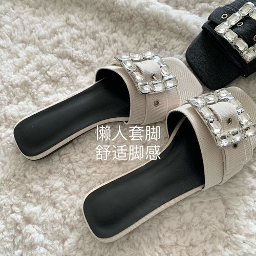韩版ins女外穿夏平底方水钻拖鞋