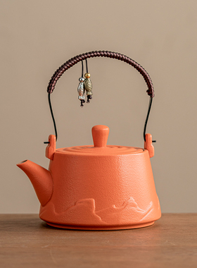 新式橙色粗陶提梁壶粗陶品茗杯设计尽显巧思为茶事添一份雅致泡茶