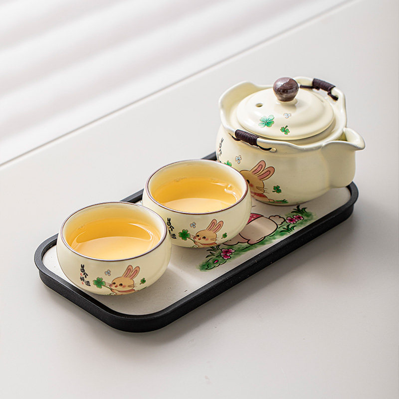 兔个好运米黄汝窑便携式功夫茶具家用户外防烫手抓壶茶杯茶盘套装,餐饮具,旅行茶具,淘宝优惠券,粉丝福利购,淘宝优惠卷