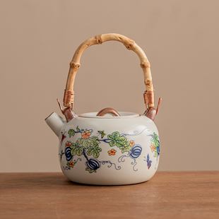 五彩瓜藤提梁壶汝窑茶壶泡茶小壶家用陶瓷红茶茶具套装茶碗瓷器