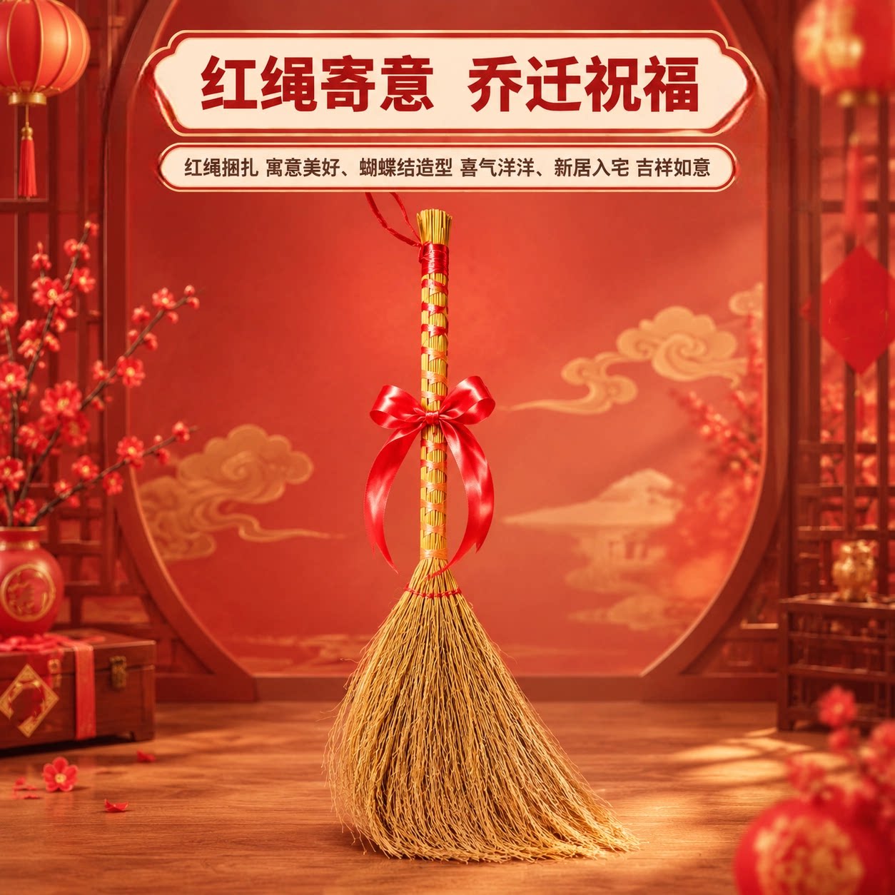 扫把捆红绳乔迁之喜手工装饰道具