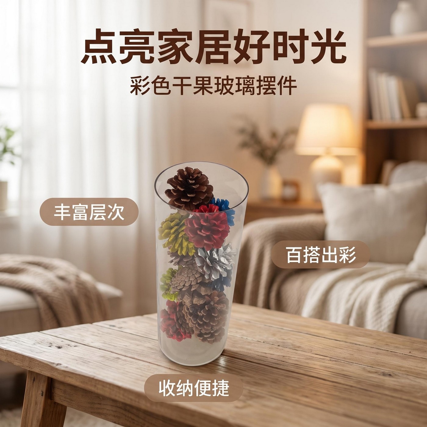 彩色干果透明瓶装摆件森系干花