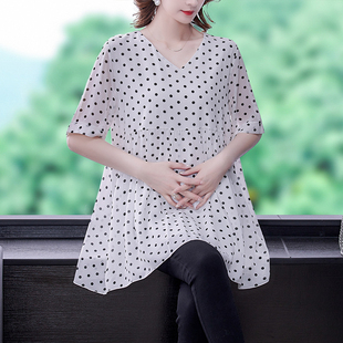 中长雪纺波点衫女士夏装2025新款妈妈小衫洋气大码短袖遮肚子上衣