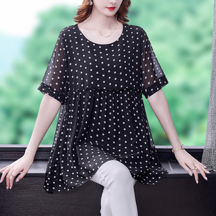 中长雪纺衬衫女士装夏季2025新款妈妈小衫洋气大码短袖遮肚子上衣