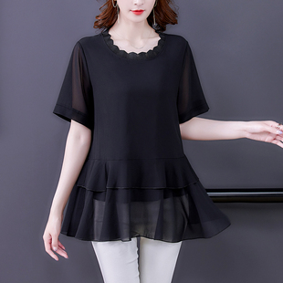 2025年夏新款女短柚大码胖mm雪纺上衣宽松大码遮肚妈妈裙摆上衣衫