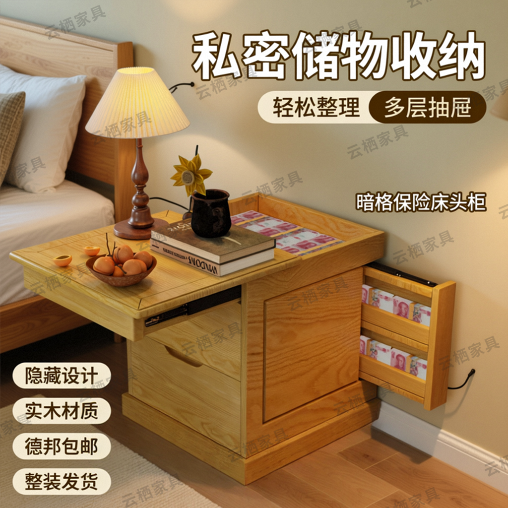隐藏暗格床头柜2025新款藏钱保险柜箱一体鲁班智能床头边柜储物柜