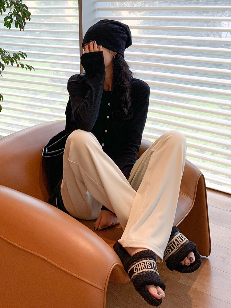 DE RONG WIDE-LEG PANTS WOMENS SPRING HIGH-WAISTED DRAPE LAZY WIND GLUTINOUS RICE PANTS SLIGHTLY CHUBBY MM STRAIGHT-LEG CASUAL MOPPING KNIT PANTS