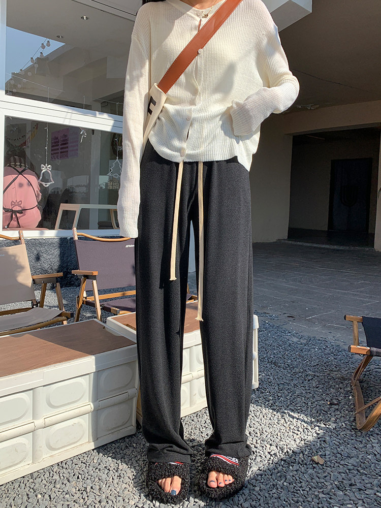 DE RONG WIDE-LEG PANTS WOMENS SPRING HIGH-WAISTED DRAPE LAZY WIND GLUTINOUS RICE PANTS SLIGHTLY CHUBBY MM STRAIGHT-LEG CASUAL MOPPING KNIT PANTS