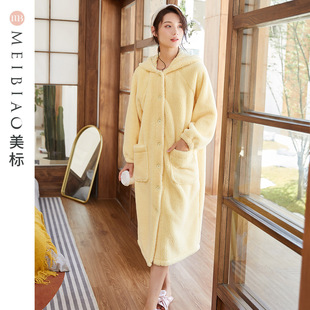 美标秋冬女士珊瑚绒睡袍加厚加绒连帽睡衣美舒绒可外穿家居服