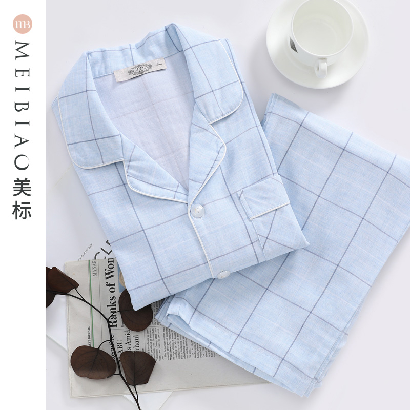 美标睡衣官方旗舰店新款男士夏季短袖纯棉纱布格子家居服全棉套装