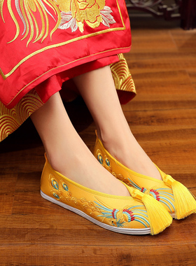 秀禾鞋婚鞋黄色中式平底布鞋24新款金色新娘结婚鞋配龙凤褂绣花鞋