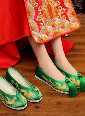 新款中式婚鞋子新娘结婚布鞋旗袍秀禾鞋平底龙凤鞋绿色上轿鞋红色