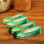 秀禾服婚鞋 新娘秀禾鞋 上轿鞋 绿色中式 千层底绣花平底布鞋 子女结婚