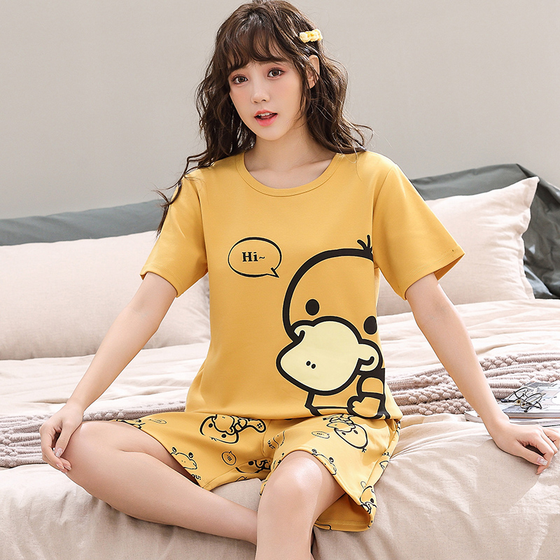 睡衣女夏季纯棉短袖短裤可爱小黄鸭卡通春夏款韩版大码宽松家居服