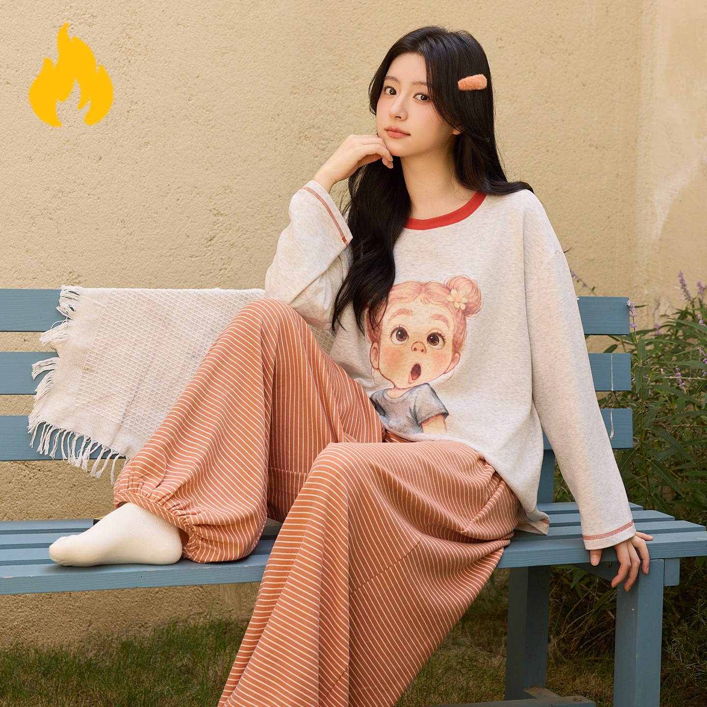 2026秋冬季德绒睡衣女长袖条纹灯笼裤女生加厚保暖羊绒家居服套装